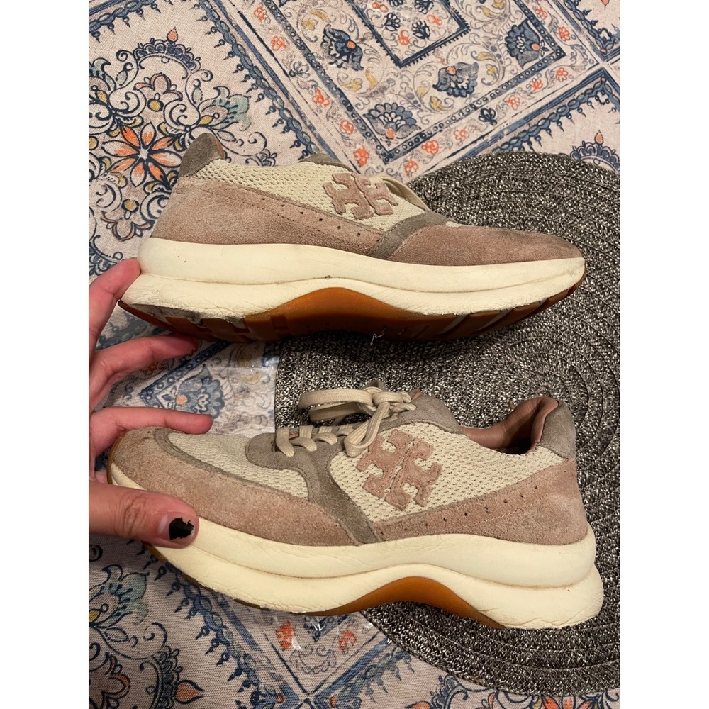 Tory Burch Good Luck Trainer Sneakers Cream Tan Suede Mesh Womens 8M - Picture 4 of 7